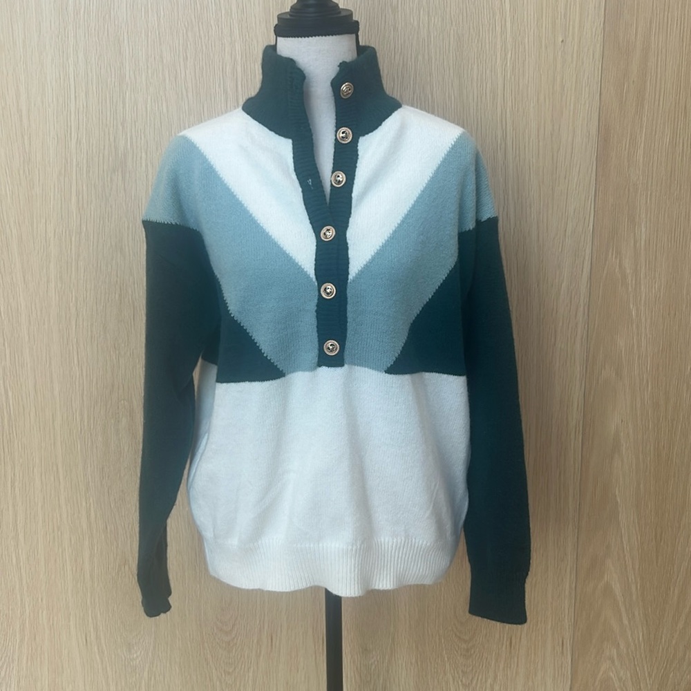 Women's Colorblock Button-Front Turtleneck Sweater - Teal & White